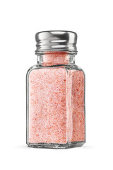 Himalayan salt shaker isolated. Front view, pink color. Transparent PNG image.
