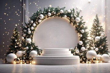 Christmas template with white podium for product presentation decorated Christmas tree branches. ai generative