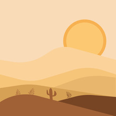 Illustration of sunset between sand dunes, cactus and desert plants