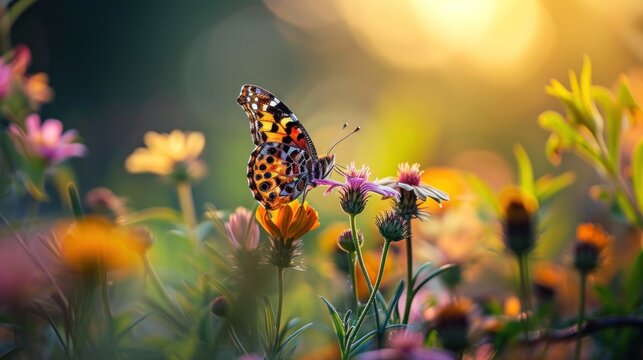  a close up of a butterfly on a flower in a field of wildflowers with the sun in the background.