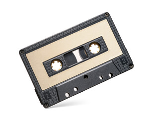 Black audio cassette tape isolated. Transparent PNG image.