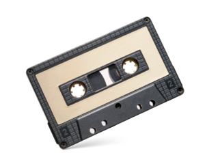 Black audio cassette tape isolated. Transparent PNG image.