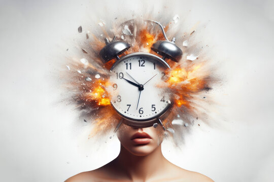 Woman with a realistic explosion clock head over white background. ai generative