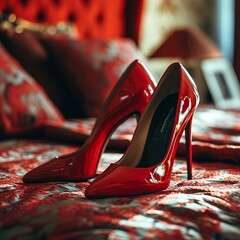 high heels stand on a bed with red bed linen, ai generated