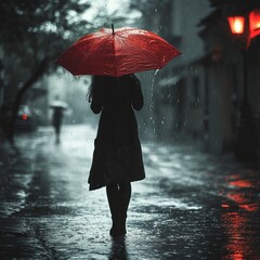 A woman with a red umbrella, rear view, urban scene, ai generated