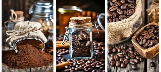 Artistic collage of coffee shop products with divided segments and bright white light style - obrazy, fototapety, plakaty