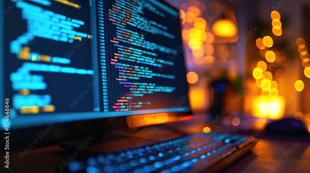 Poster a computer monitor sitting on top of a wooden desk colorful code on computer screen.