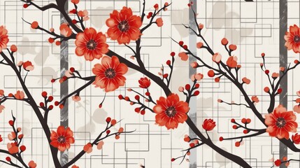  a picture of a tree with red flowers on a white background with a checkerboard pattern in the background.