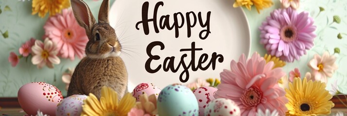 Happy Easter holiday background. Easter bunny, Easter eggs, beautiful spring flowers