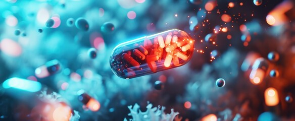 AI-Enhanced Medicine Pill Concept for Future Healthcare. Pill symbolizing integration of artificial intelligence in the development of future healthcare and advanced treatments. - obrazy, fototapety, plakaty