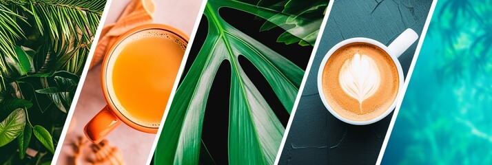 Elegant coffee shop products collage with white vertical divisions, bright light white style