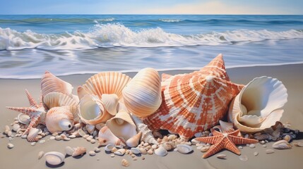 shells,conches and starfish scattered on the beach, the waves are in the lower right corner