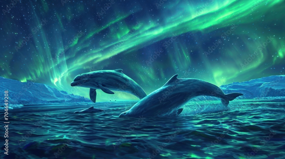 Poster two dolphins jumping out of the water in front of a green and blue sky with the aurora lights in the