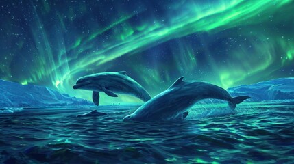  two dolphins jumping out of the water in front of a green and blue sky with the aurora lights in the background.