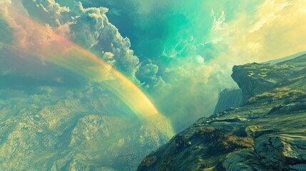 Obraz premium a painting of a rainbow in the sky above a rocky cliff with a rainbow in the middle of the cliff.