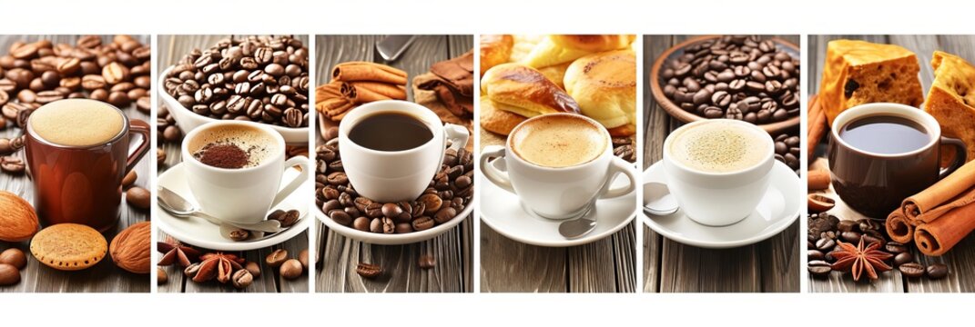 Bright white coffee shop products collage with segmented sections divided by vertical lines - Powered by Adobe