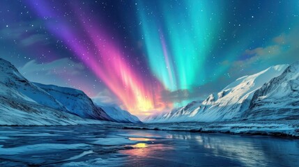  a painting of a colorful aurora bore in the night sky over a mountain lake with ice and snow on the ground. - obrazy, fototapety, plakaty