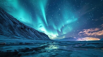 Naklejka premium the aurora bore is shining brightly in the night sky over a frozen river and snow covered mountain range in the foreground.