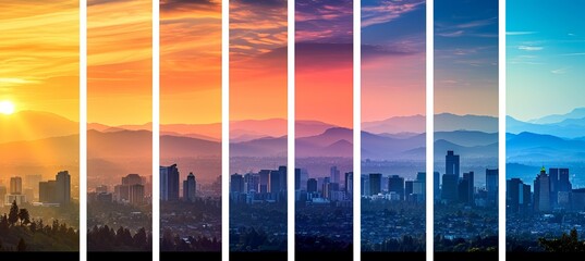 Vibrant city travel concept collage  divided by white vertical lines with bright light white style - obrazy, fototapety, plakaty