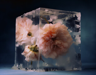 Flowers in ice cubes.Minimal creative drink and nature concept.Generative AI