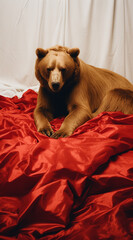Bear on a red bedsheet.Minimal creative nature concept.Copy space,top view,flat lay.Generative AI - obrazy, fototapety, plakaty