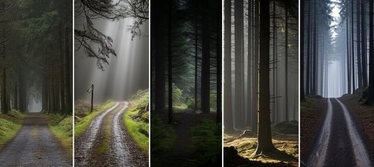 Enchanting forest travel concept  divided collage with bright white segments and vertical lines