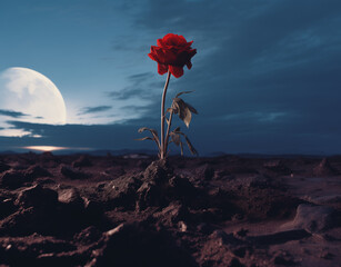 flower in the desert,a desert rose.Minimal creative nature concept.Copy space.Top view.Generative AI