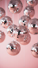 Silver disco balls against pink background.Mininmal creative party concept.Copy space.Generative AI