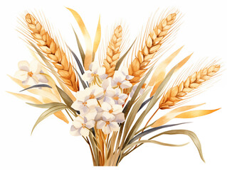 Watercolor yellow wheat ears with flowers bouquet illustration on white