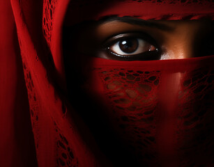 close up of arab lady in red hijab.Support woman minimal concept.Copy space.Gnerative Ai