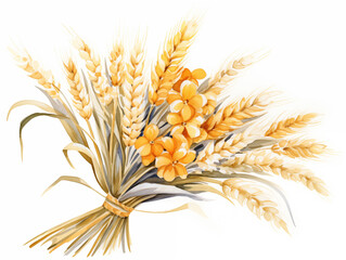 Watercolor yellow wheat ears bouquet illustration on white