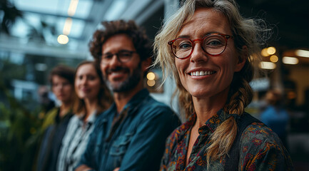 Fototapeta premium large group of businesspeople smiling at each other in an office