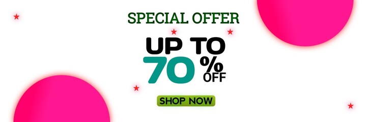 Special Offer Up To 70 Percent Off, Shop Now , Business Panoramic Banner With Discount Special Offer Up To 70 Percent Off , Template For Online Shopping, Pink Shapes And Star 