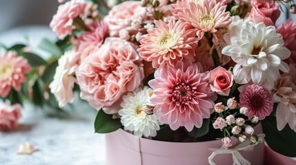  a bouquet of pink and white flowers in a pink flower pot with green leaves and a star on the table.