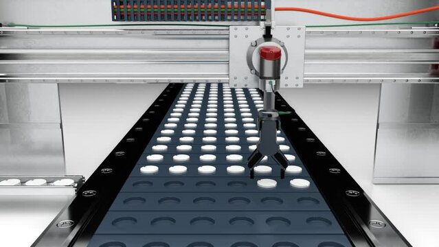 capsule or tablet stacker, linear picker and billet assembly, pallet stacking robot, sorting machine, 3d rendering