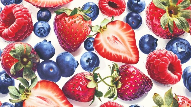  a pattern of strawberries, blueberries, and strawberries on a white background with green leaves and red berries.