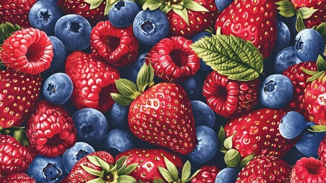  a painting of strawberries, blueberries, and raspberries with a green leaf on top of them.