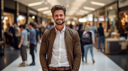 Bearded man in brown jacket smiling in a busy shopping mall - obrazy, fototapety, plakaty