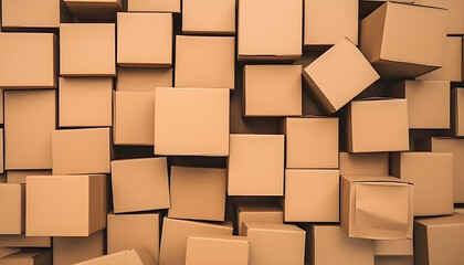 Heap of cardboard boxes from craft paper top view. Eco delivery, zero waste, plastic free package concept