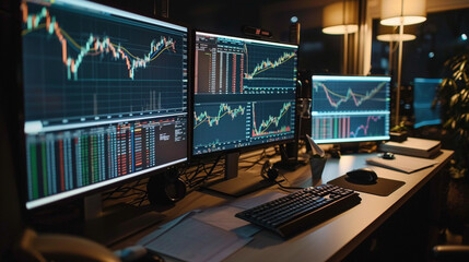 several computer screens showing investment charts - obrazy, fototapety, plakaty
