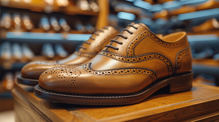 a pair of elegant brown business shoes displayed in a shoe store - obrazy, fototapety, plakaty