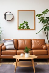 brown leather couch in living room with round mirror and plants