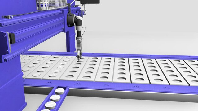 capsule or tablet stacker, linear picker and billet assembly, pallet stacking robot, sorting machine, 3d rendering