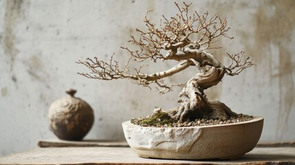  a bonsai tree sitting on top of a table next to a potted plant on top of a table.