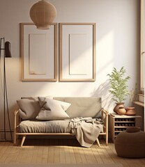 Modern living room interior with sofa, frames, lamp, plant, and storage unit