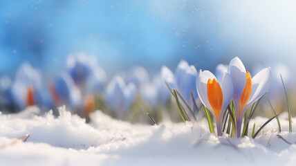 Purple Crocus spring flower growing in snow. Beautiful floral card with brilliant sparkling...