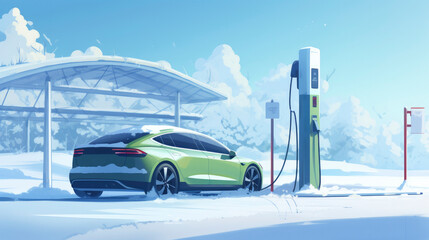 An electric car is parked at a charging station in the snow. This image can be used to illustrate eco-friendly transportation and the use of electric vehicles in winter conditions - obrazy, fototapety, plakaty