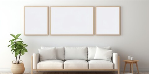 Modern Elegance: A Minimalistic Living Room Mockup Featuring an Empty Picture Frame Against a Crisp White Wall, Perfect for Showcasing Contemporary Interior Design