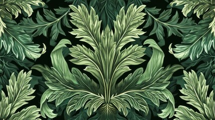  a close up of a green leafy pattern on a black background with a white outline on the left side of the image.