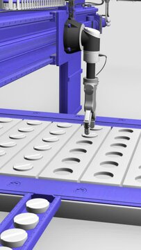 capsule or tablet stacker, linear picker and billet assembly, pallet stacking robot, sorting machine, 3d rendering